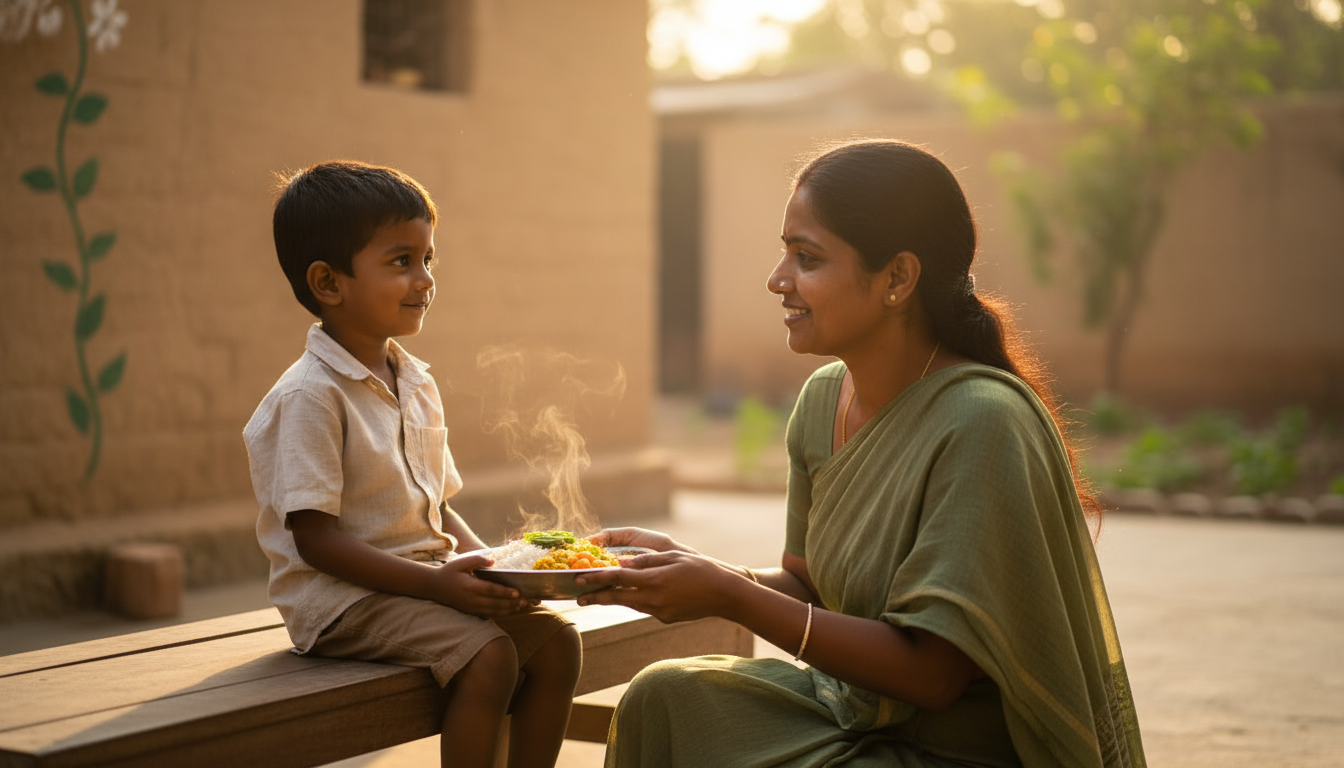 A young man offering a warm meal to an elder seated outdoors under a tree