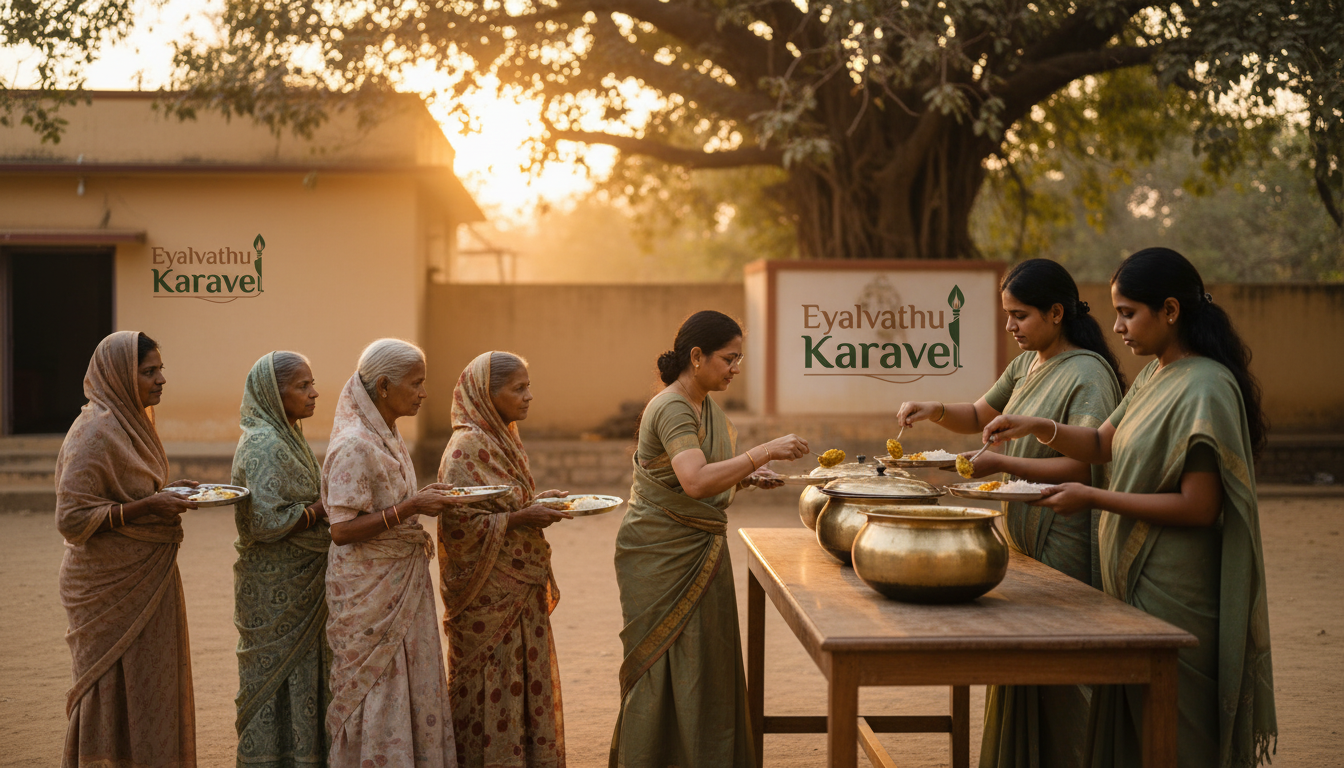 A caregiver handing a steaming plate of food to a child seated on a bench in a sunlit courtyard